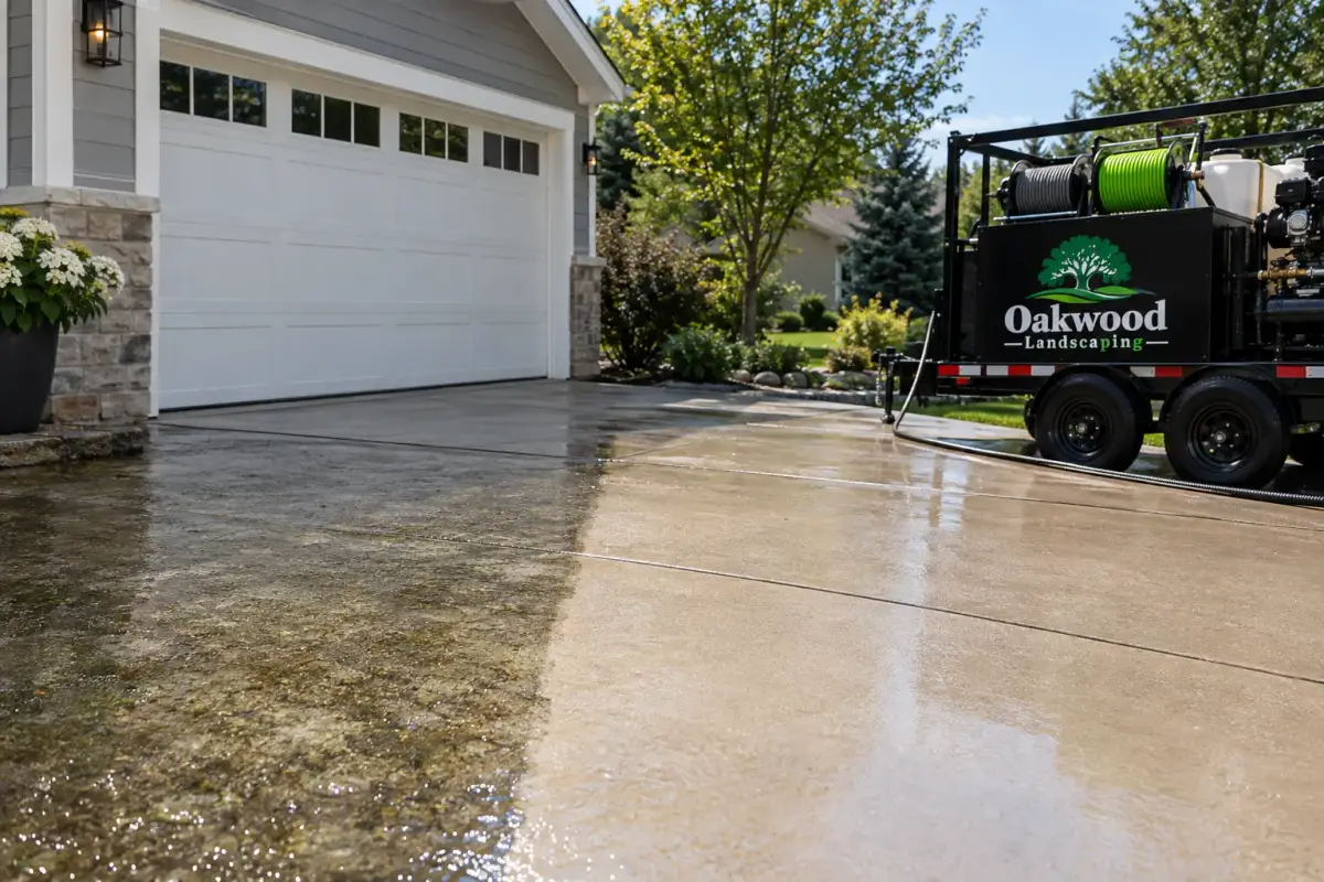 A wet concrete driveway has a dark, mottled section beside a lighter section outside a white garage. An Oakwood Landscaping trailer carries hose reels, a tank and powered equipment.