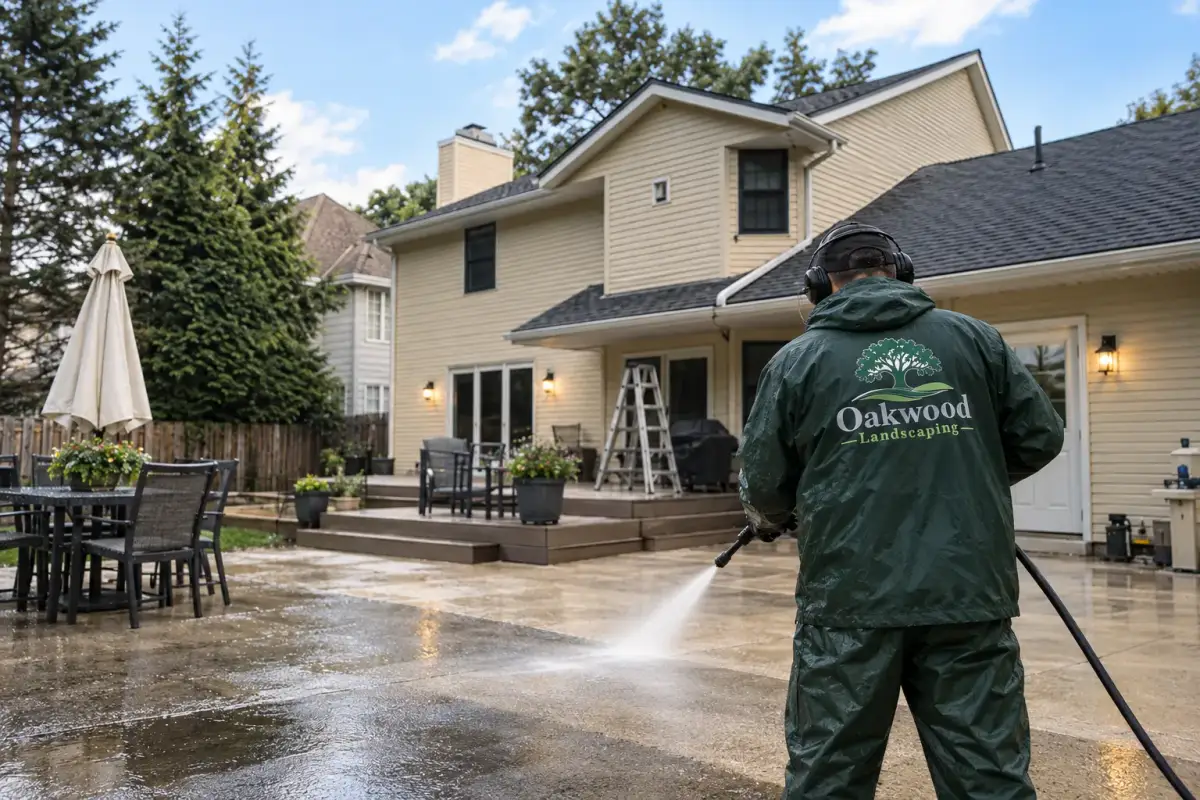 A worker wearing hearing protection and a green Oakwood Landscaping jacket pressure washes a wet backyard patio beside a house and furnished deck.