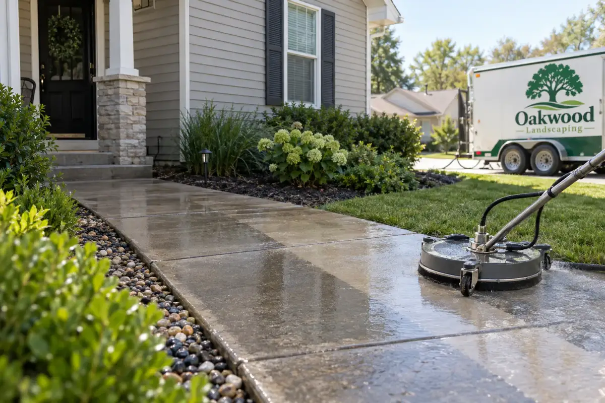 A round pressure-washing surface cleaner sits on a wet concrete front walkway beside garden beds. An Oakwood Landscaping branded trailer is parked in the background.