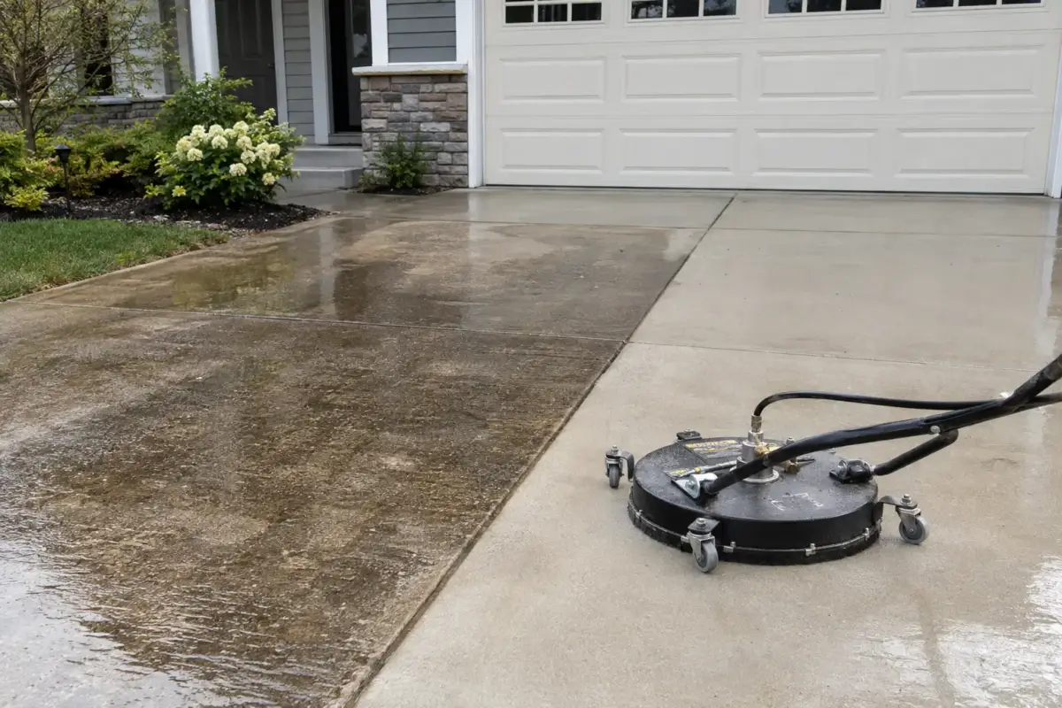 A wheeled surface cleaner sits on a wet concrete driveway, with darker pavement on the left and lighter pavement on the right. A white garage door and landscaped entry are behind it.
