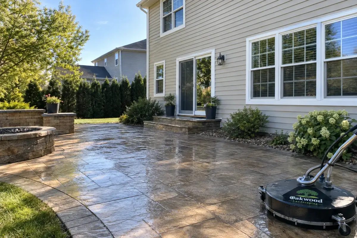 A wet backyard patio beside a beige house, with a stone fire pit, garden beds, and a surface-cleaning machine labeled “Oakwood Landscaping” in the foreground.