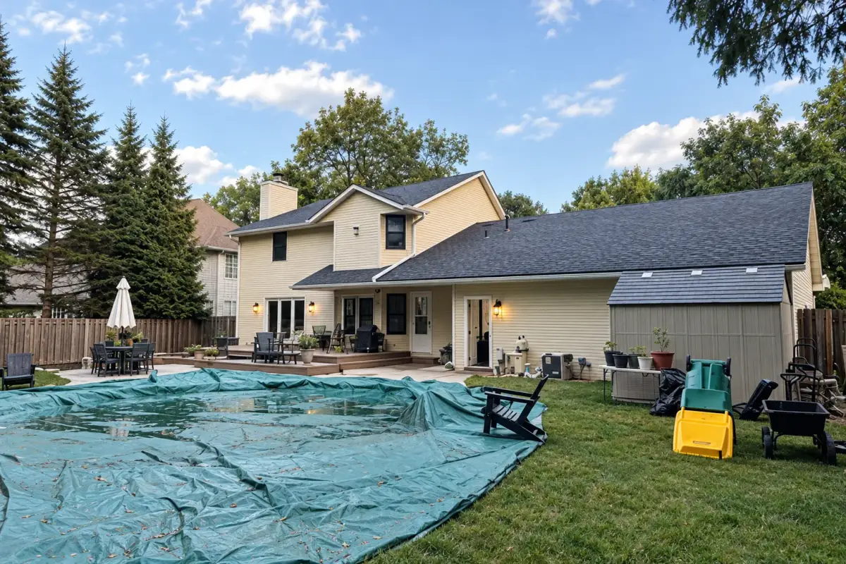 Rear view of a beige house with dark shingle roofs, a patio, and a small shed beside a pool covered by a green tarp with standing water. Trees, lawn, outdoor furniture, and yard equipment surround the house.