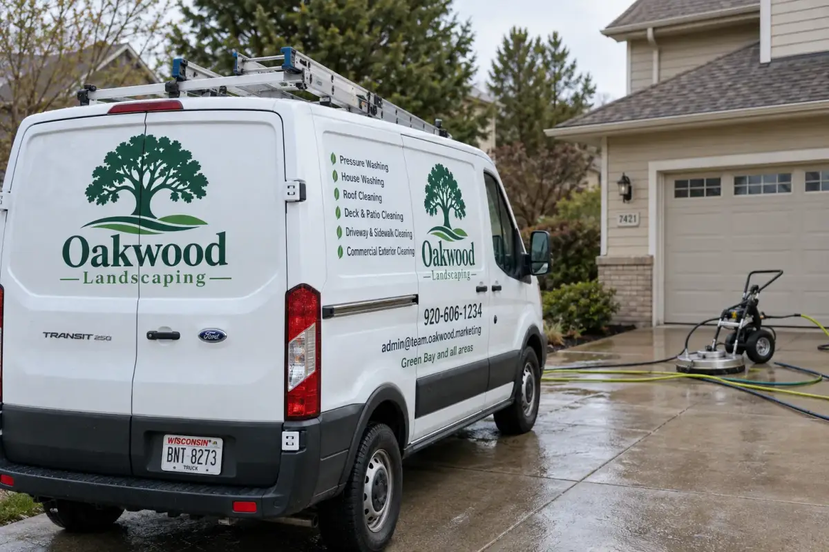 A white Oakwood Landscaping van with roof-mounted ladders sits on a wet residential driveway beside pressure-washing equipment and hoses.
