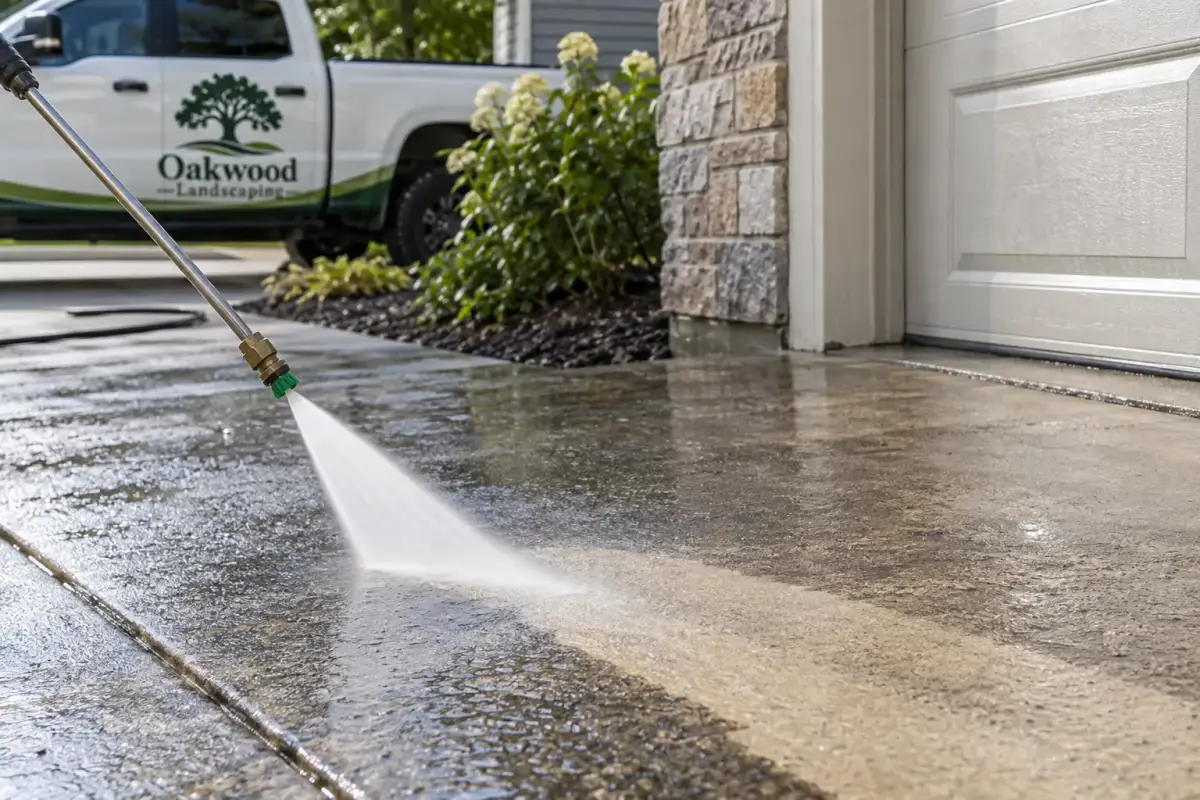 A pressure-washer wand sprays a wet concrete driveway beside a garage, with an Oakwood Landscaping pickup truck in the background.