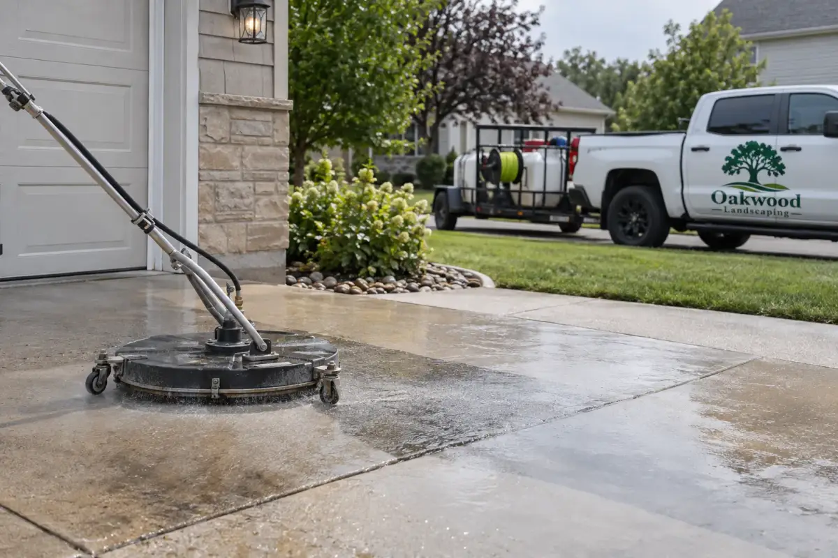 A rotary surface cleaner washes a wet concrete driveway beside a garage. A white Oakwood Landscaping pickup and a trailer carrying tanks and a hose reel are parked behind it.