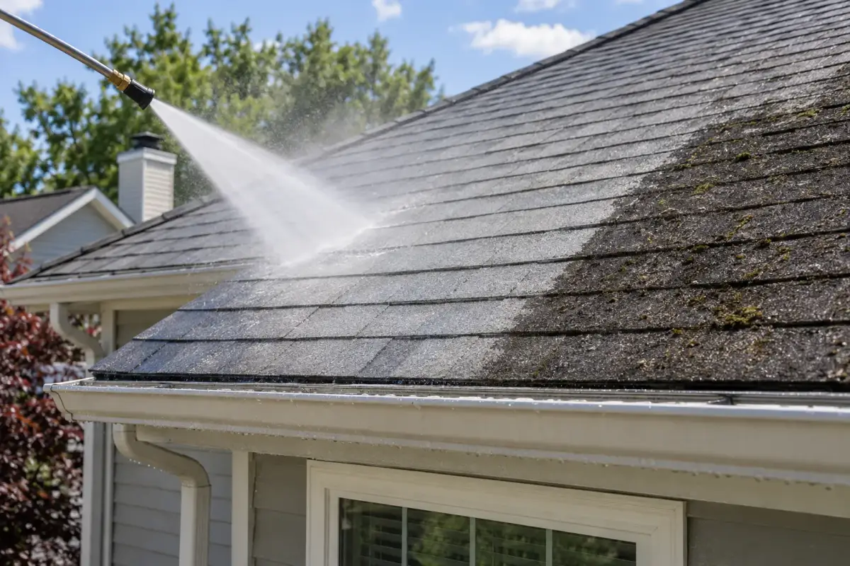 A pressure-washer wand sprays water across a shingle roof, with dark staining and patches of moss visible on the right above a white gutter.