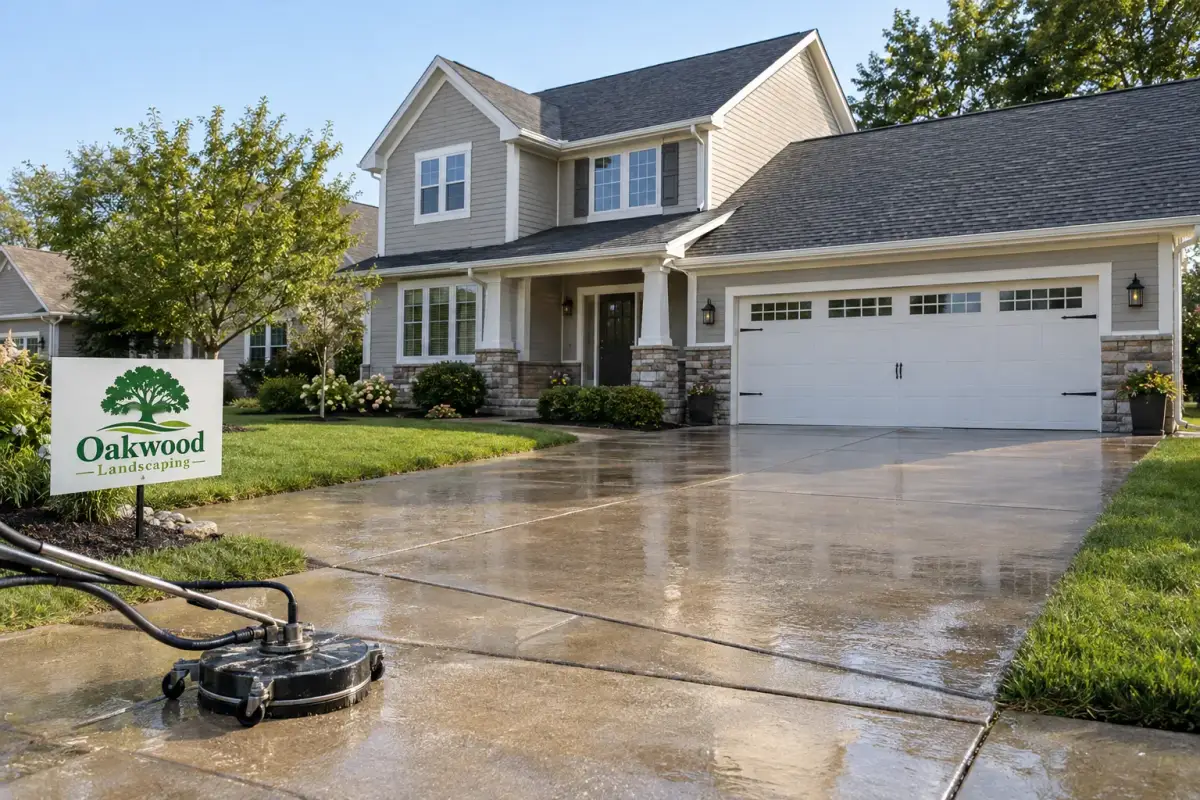 A wheeled pressure-washing surface cleaner sits on a wet concrete driveway outside a two-story house. A lawn sign reads “Oakwood Landscaping.”